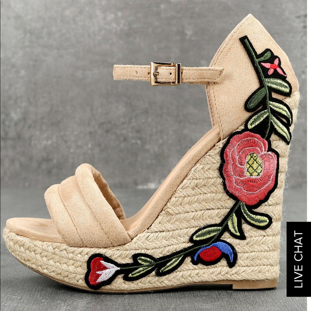 NEW Suede Embroidered Platform Espadrille Wedges